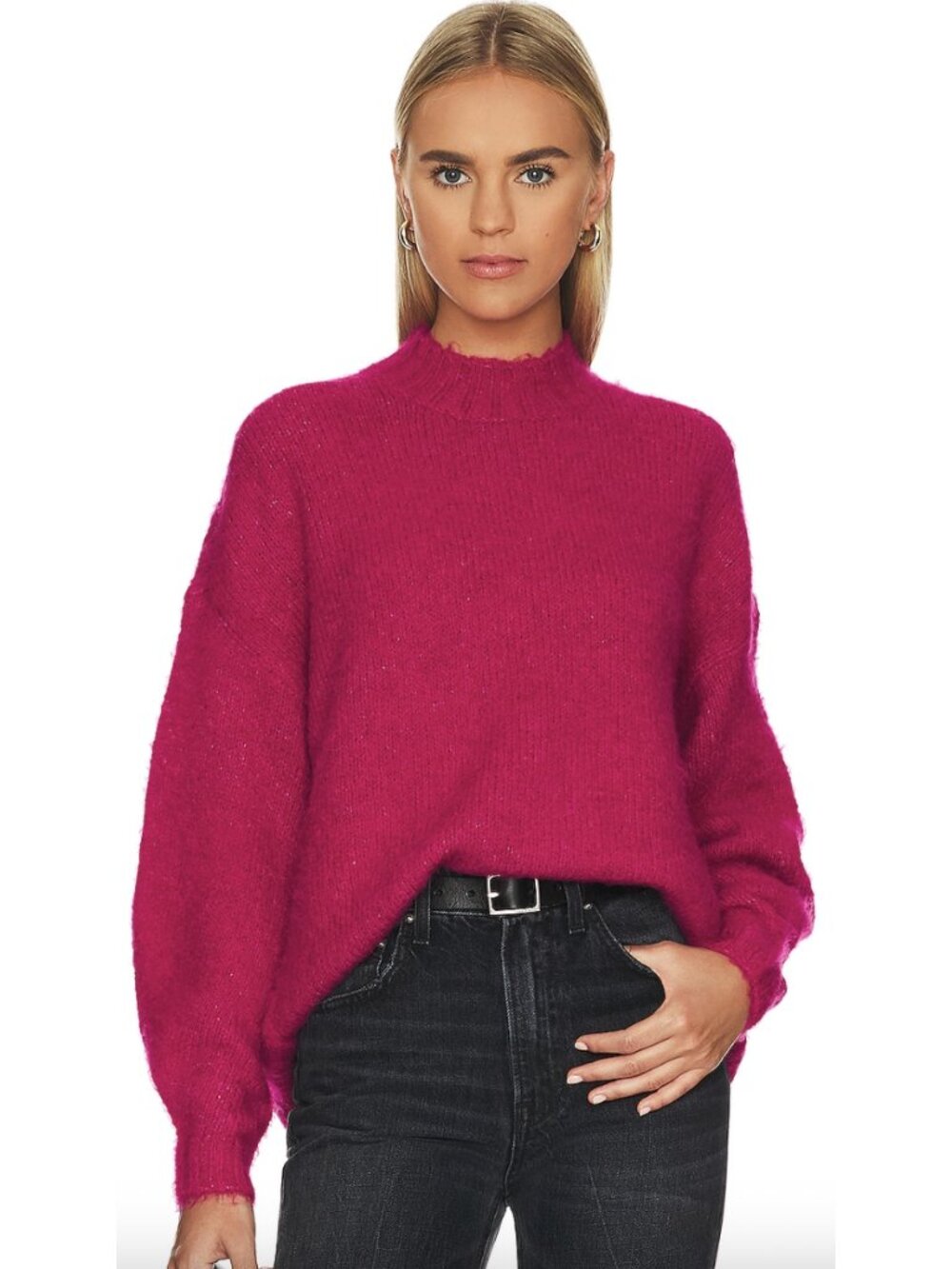 PISTOLA Carlen Mock Neck Sweater Fuchsia Large Oversized Fall Knit Wool Blend
